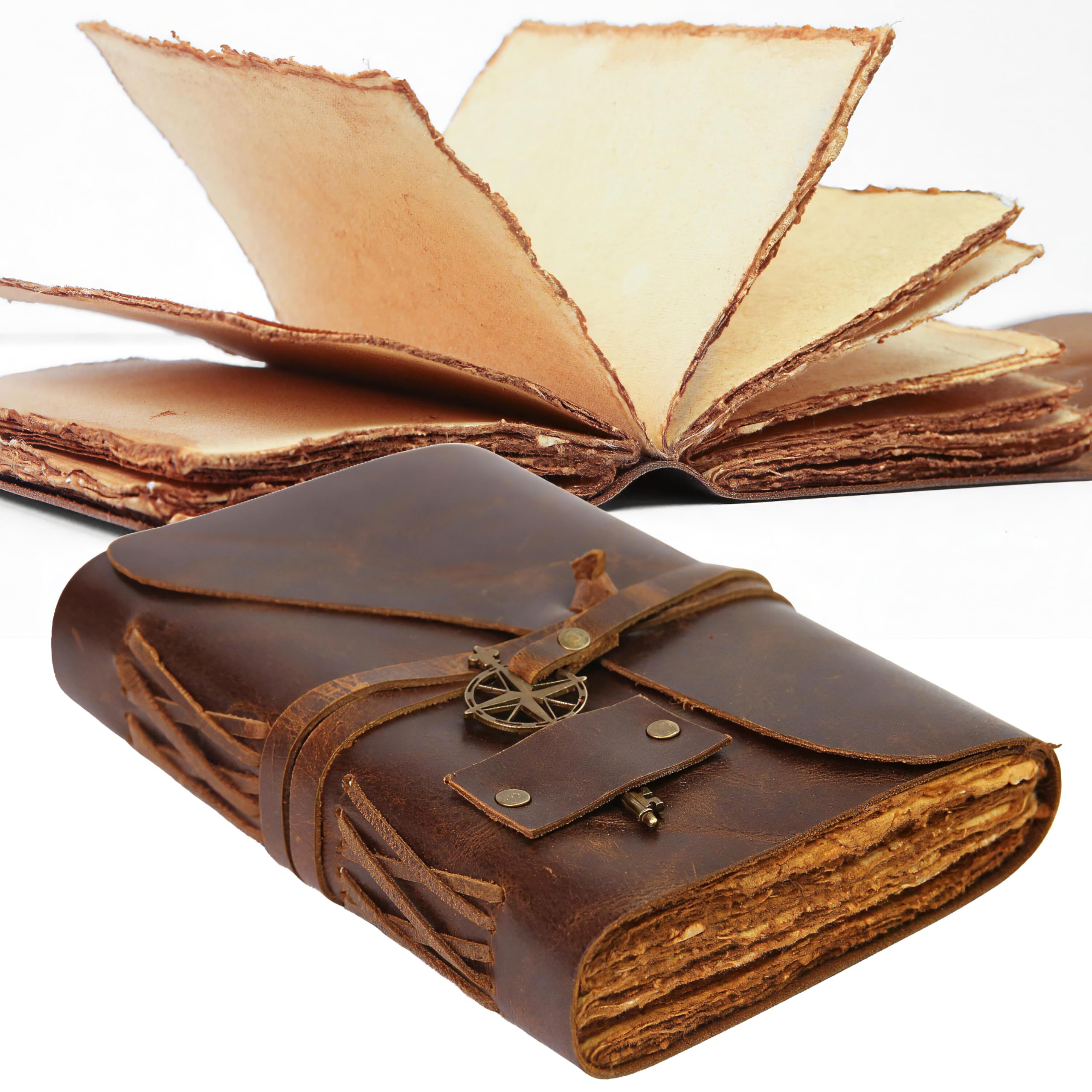 Wanderings Vintage Leather Journal - 13x18 cm - Antique Handmade Leather Bound Journal with Old Fashioned Deckle Edge Paper - Vintage Notebook for Diary, Book of Shadows, Writing, Grimoire, Sketching — image 1