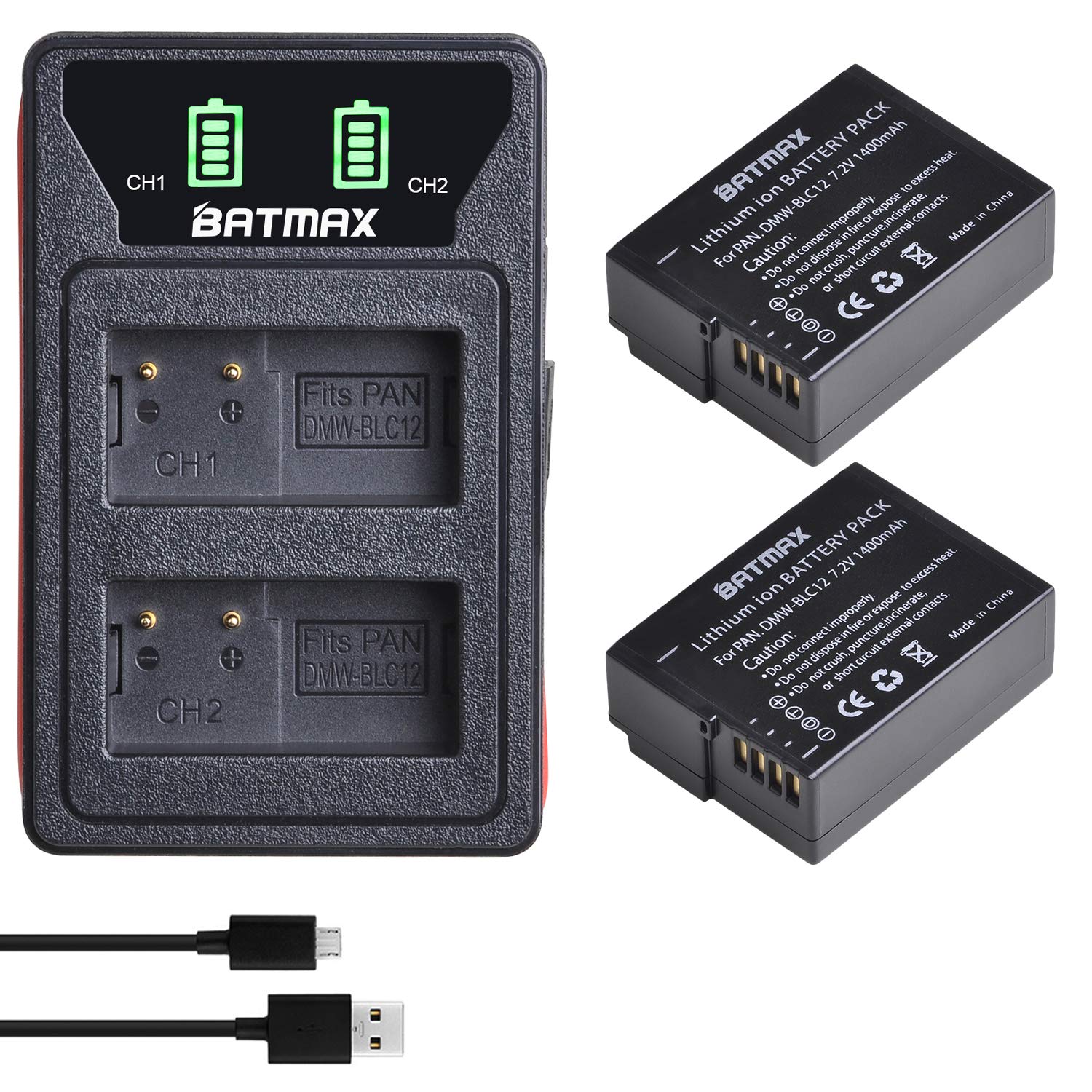 Batmax Replacement 2pcs 1400mAh DMW-BLC12 Battery and LCD USB Charger Compatible with Panasonic DMW-BLC12E, Lumix DMC-FZ200, DMC-FZ1000, DMC-G5, DMC-G6, DMC-G85, DMC-GH2, DMC-GX8
