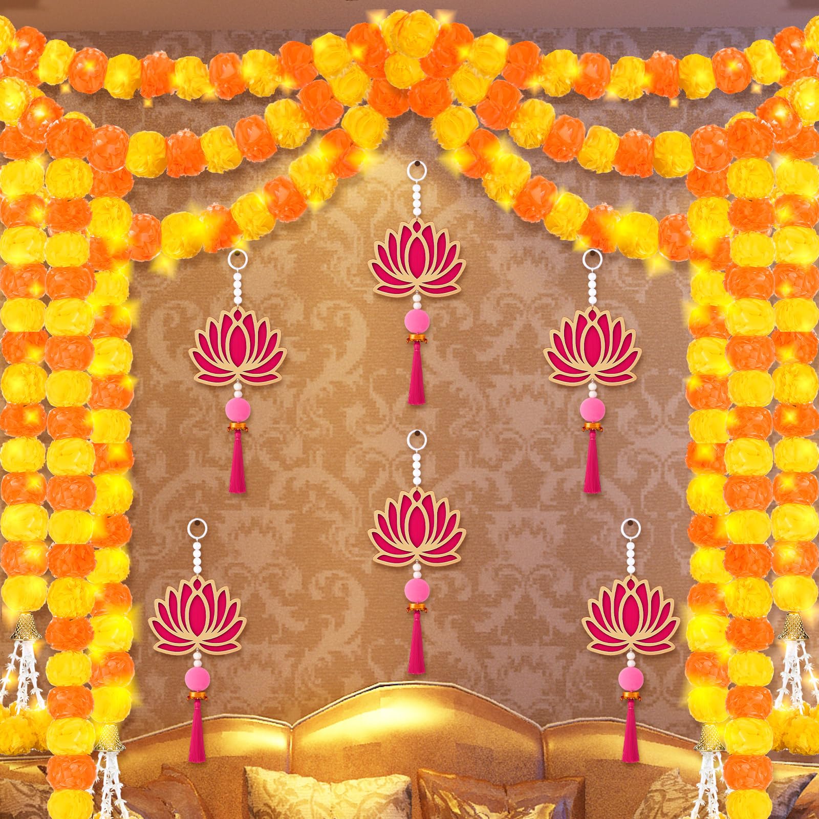 Photo 1 of 11 Pcs Diwali Decoration 5 Pcs 4.92 ft Marigold Garland Decoration with String Light 6 Lotus Hanging Ornament Indian Decor for Pooja Artificial Marigold Garlands for Wedding Home Temple Party Decor