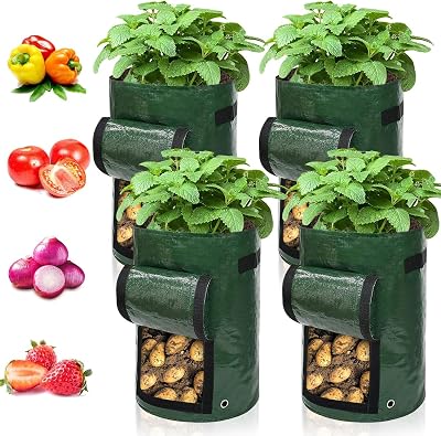 RAM 4 Pack 7 Gallon Potato Grow Bags for Vegetables, Green Polyethylene