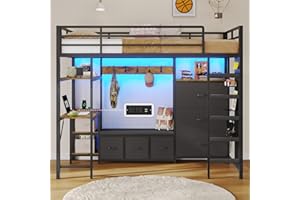 DICTAC Loft Bed Twin Size with 6 Storage Drawers,Coat Rack and Open Shelves Metal Twin Loft Bed with Desk,Charging Station and LED Light,loft beds with Large Pegboard,Stairs and Safety Guardrail,Black