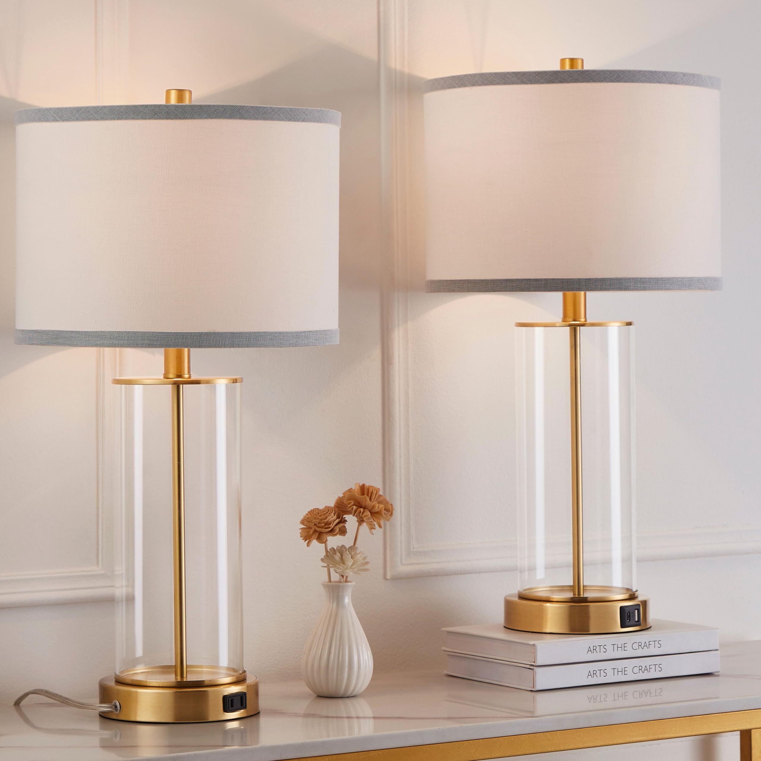 Photo 1 of Kyrid 23.5'' Glass Table Lamp Set of 2 for Bedroom Antique Brass Finish,Gold Glass Lamp Set with USB Ports and AC Outlets(Bulbs Included)
