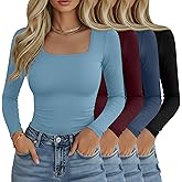 Riyiper 4 Pack Women's Square Neck Long Sleeve Tops Going Out Slim Fit Shirts Tight Layer Basic Tee 2026 Winter