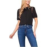 CeCe Womens Short Sleeve Button Front Lace Trim Top