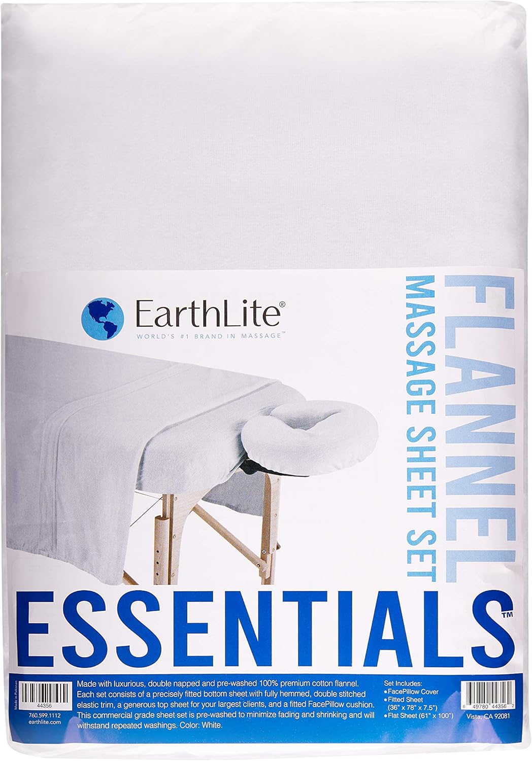 EARTHLITE Flannel Massage Table Sheet Set ESSENTIALS – Commercial Grade, Soft, Double-Napped 3-Piece Set (Top, Fitted, Face Pillow Cover) (UPDATED), White (44356): Sports & Outdoors
