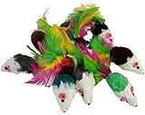 Real Rabbit Fur Mice with Feathers Cat Toys 12-Pack