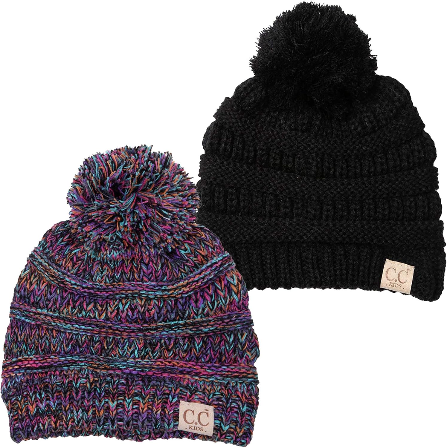 Kids Pom Beanie Bundle - 1 Black, 1 Kaleidoscope (2 Pack): Clothing