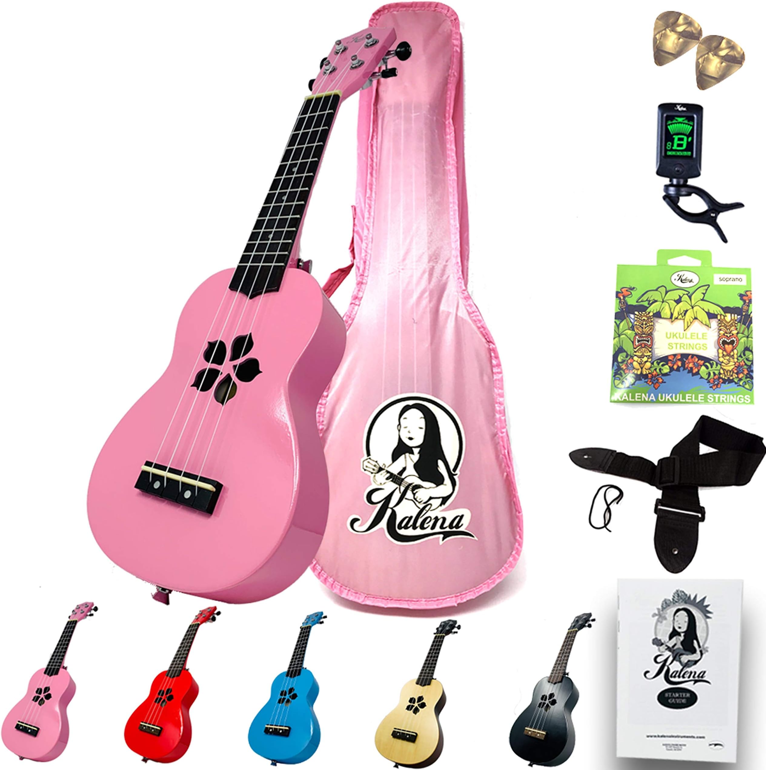 Kalena Basswood Top Soprano Ukulele Starter Set (Plumeria Edition) Pink