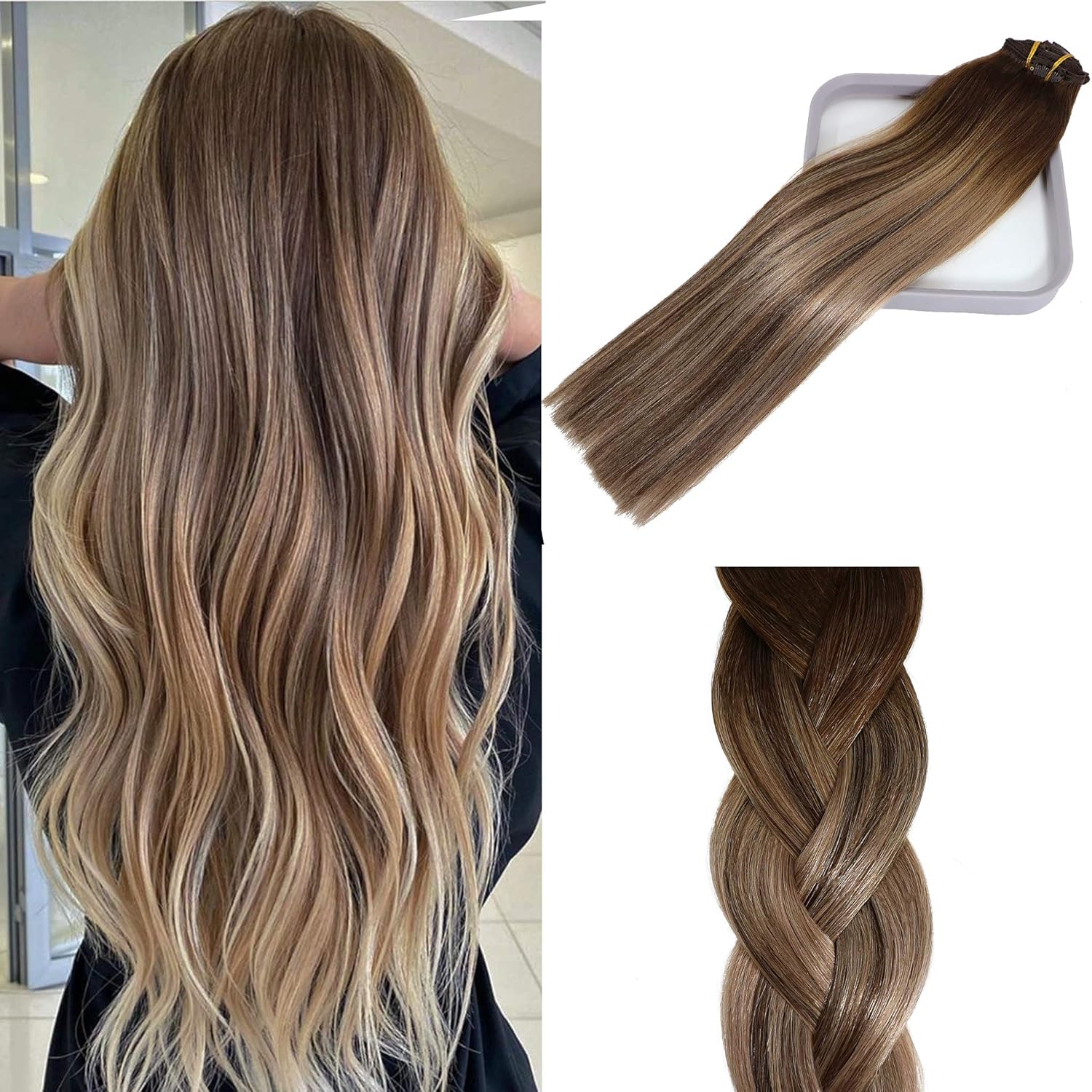 [New Store Discount]100% Human Hair Clip In Extensions 22Inch Silky Thinkend Straight Full Head Balayage Mushroom Brown Ombre Hair Extensions Fine Hair 120 Gram 7 Pieces Per Set 9A Grade