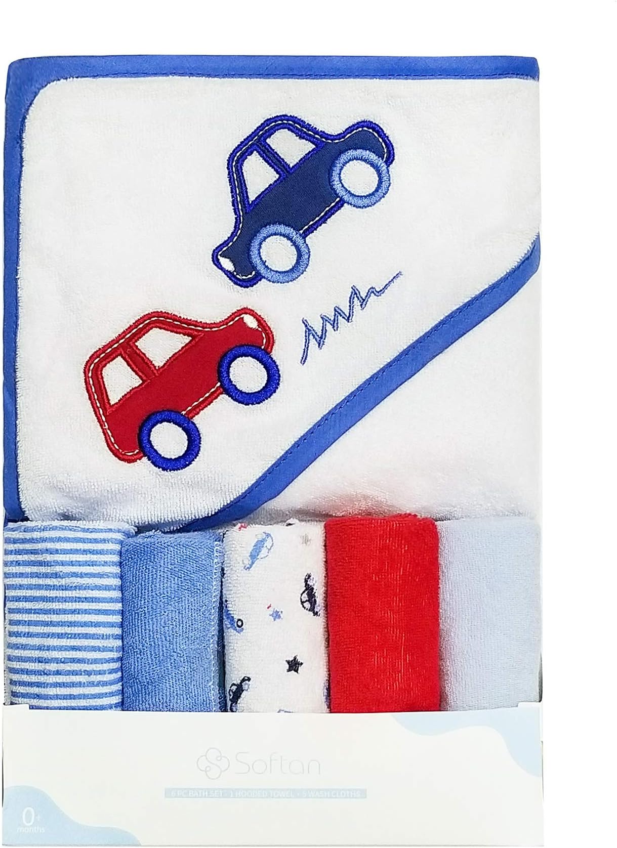 Softan Hooded Baby Towel, One Baby Hooded Towel with Five Baby Wash cloths, Extra soft and ultra absorbent, Great gifts for Newborn and Infants, Blue Car