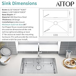 ATTOP 32 Inch Undermount Single Bowl