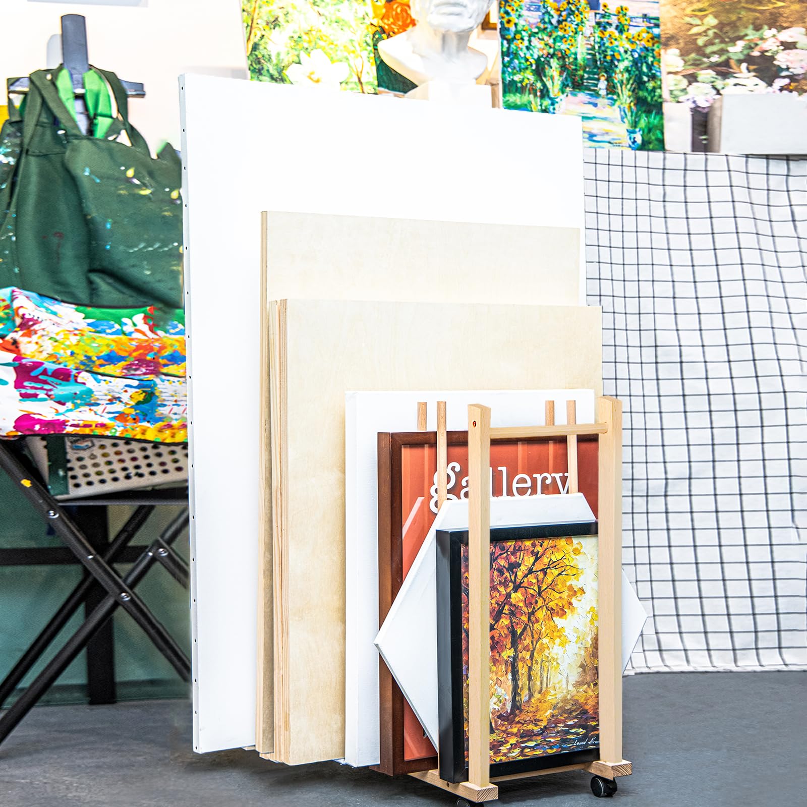 Large Art Drying Rack with Four Caster Wheels and Handle - Solid Wooden Canvas Storage Stand for Drawing Boards, Frames, Panels, Paintings, and Artworks Display