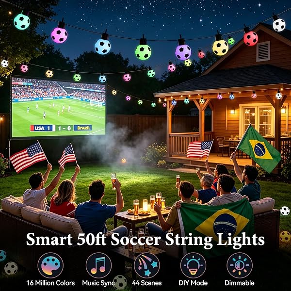 LIUZPATIAL SOCCER 50 FT SMART OUTDOOR STRING LIGHTS WATERPROOF, 15 RGBW LED BULBS 16 MILLION COLORS WITH APP & REMOTE CONTROL FOR WORLD CUP DECORATIONS 2026