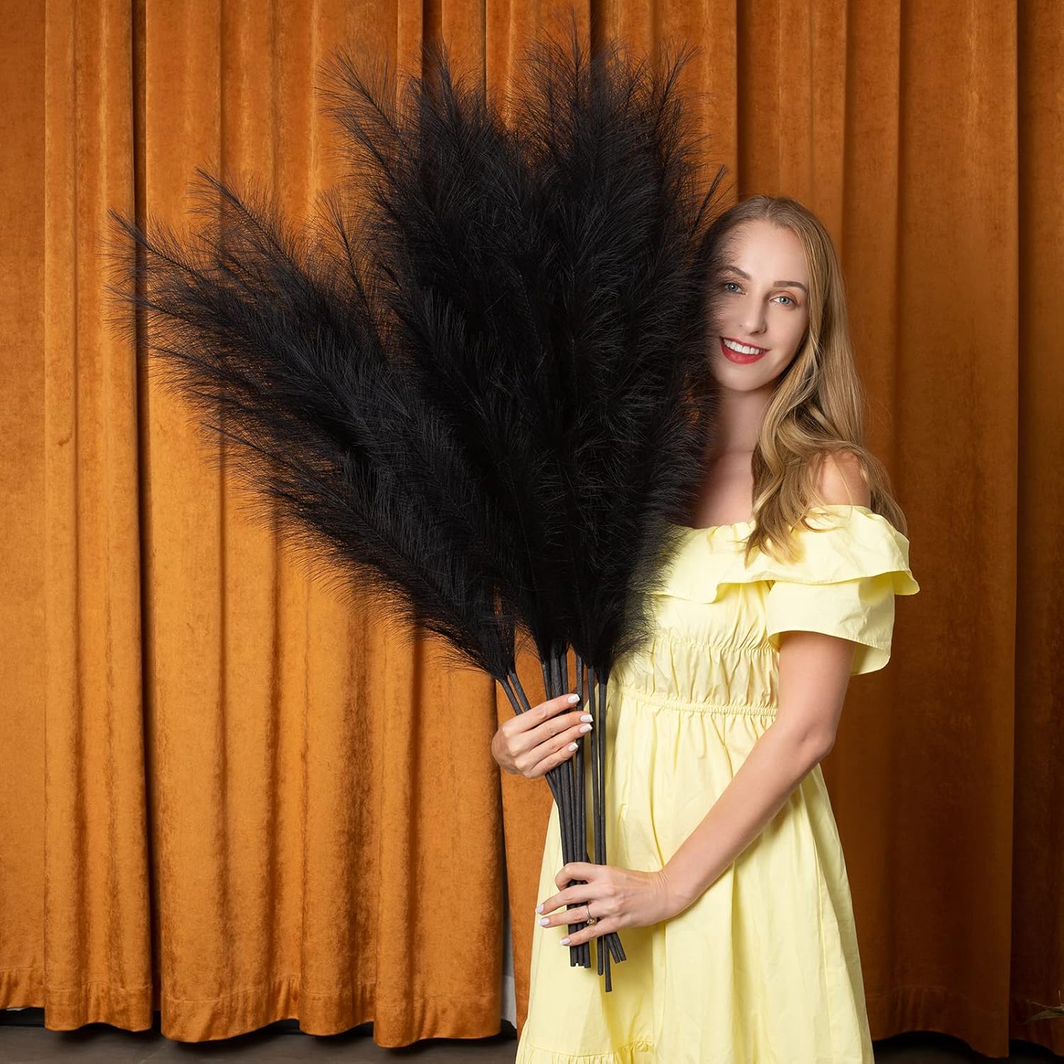 Dried & Preserved Flora - Faux Pampas Grass 6 Stems, Artificial Pampas Grass - 43 inch Total Extra Large Pompass Grass Tall Pompous Boho Flower Arrangement and Floor Vase Filler Home Decor for Room Wedding Party (Black)