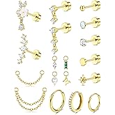 ORAZIO 16G Cartilage Earrings for Women - 14K Gold Plated Flat Back Earrings Hypoallergenic Surgical Stainless Steel Stud Hoop Earrings Set for Sensitive Ears Daith Conch Tragus Helix Piercing Jewelry