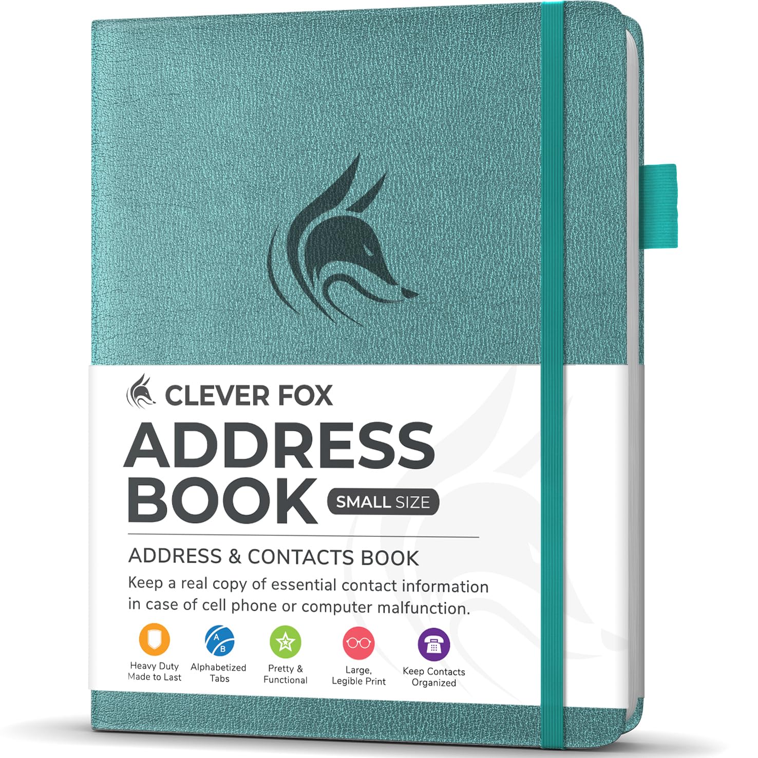 Clever Fox Address Book with alphabetic tabs - PU Leather Telephone and Address Book for Keeping Contacts Safe, Contact Organizer Journal, Small Size (10.5 x 14cm), Hardcover, Aquamarine