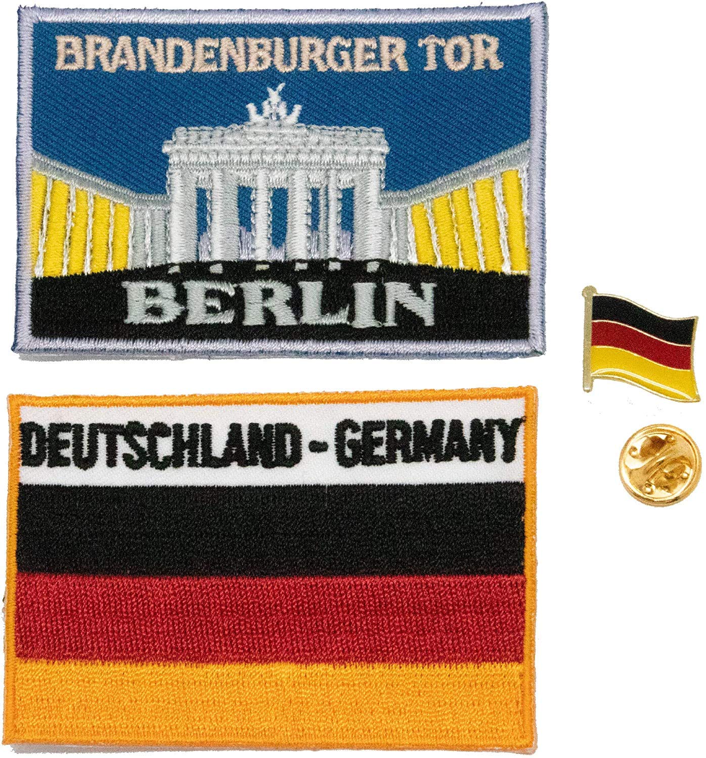A-ONE 3 PCS Pack- Germany Brandenburger Tor Sew-on Patch + Deutsch Flag Embroidery Patch + Deutsch Flag Pin Badge, Berlin City Badge, Emblem Pin No.048B