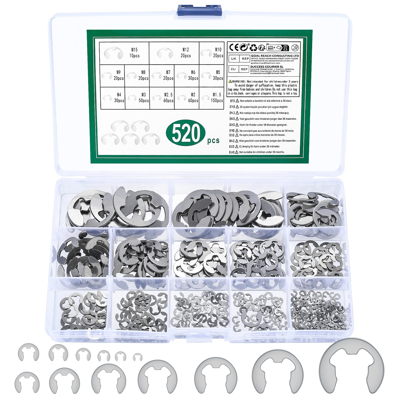 520 Pcs E-Clips Assortment Set, Circlips Assorted Sizes, E-Clip External Retaining Ring, Snap Opening Ring Circlip Kit, Stainless Steel E C Clip Retaining Clips Set, 13 Sizes