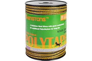 HENGTONG Electric Fence Poly Tape Horse Fencing Tape 656 Feet 200m, 3/5 Inch 15mm Width, 4 Strong 0.18mm Stainless Steel Conductors, Yellow and Gray