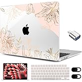 MEEgoodo for M4/M3/M2 MacBook Air 15.3 inch Case 2025 2024 2023, Case Fit Model (A3241/A3114/A2941) for MacBook Air 15 inch, Laptop Hard Shell with Keyboard Cover, Gold Flowers Lilies