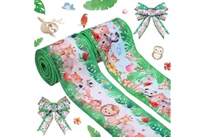 2 Rolls 10 Yards Safari Animal Wired Edge Ribbon 2.5 Inch Jungle Woodland Animal Print Fabric Ribbon for Gift Wrapping DIY Cr