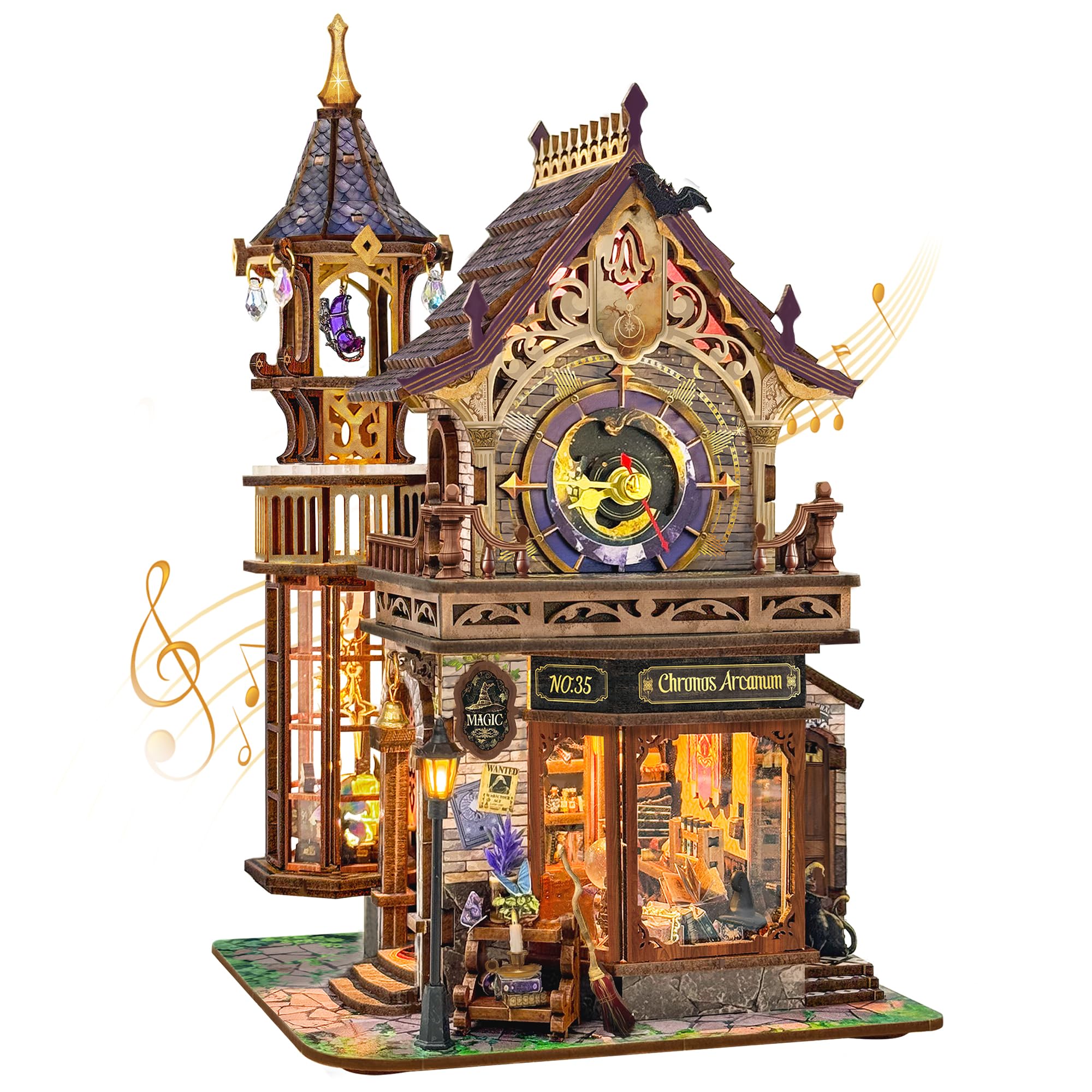 STRUCWOOD 3D Wooden Puzzle Magic Clock Tower Model Kit, DIY Miniature House Kit with LED and Music, Bookshelf Decor Craft Gifts for Family Friends - Time Magic Club(SQ-71)