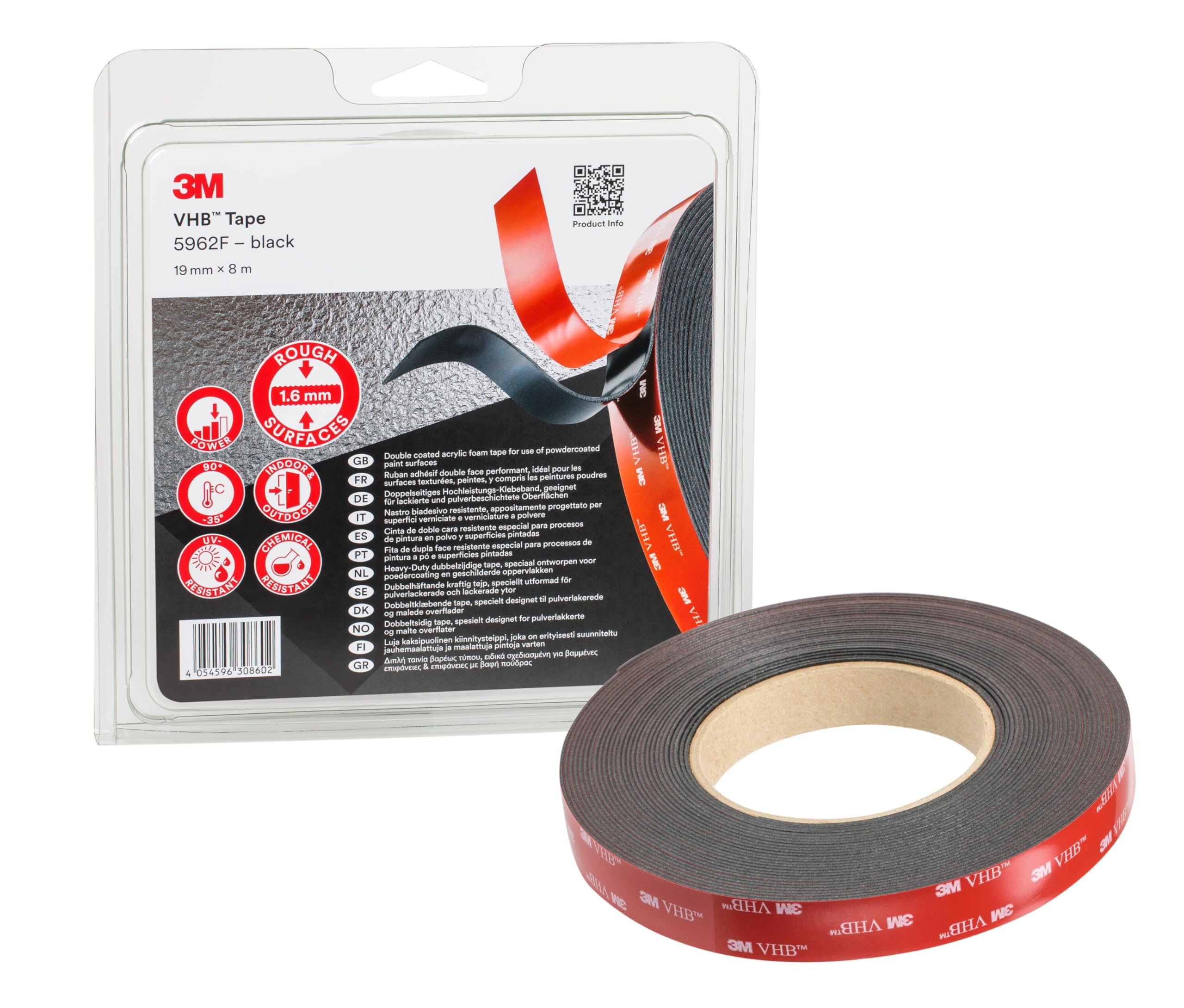 3M VHB 5952F Double Sided Adhesive Tape - Provides adhesion to most powder coated paints, metals, glass, sealed wood, acrylic, polycarbonate and ABS - 19mm x 8m, Thickness 1.6mm, Black (1 Roll)