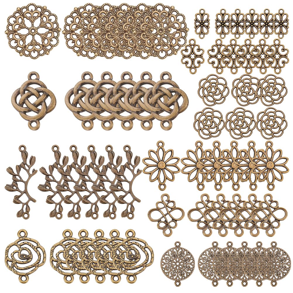 SUNNYCLUE 1 Box 60Pcs 10 Styles Flower Connector Charm Antique Bronze Hollow Filigree Floral Links Alloy Flat Round Leaf Knot Vintage Pendants for Jewelry Making Charms DIY Bracelets Findings