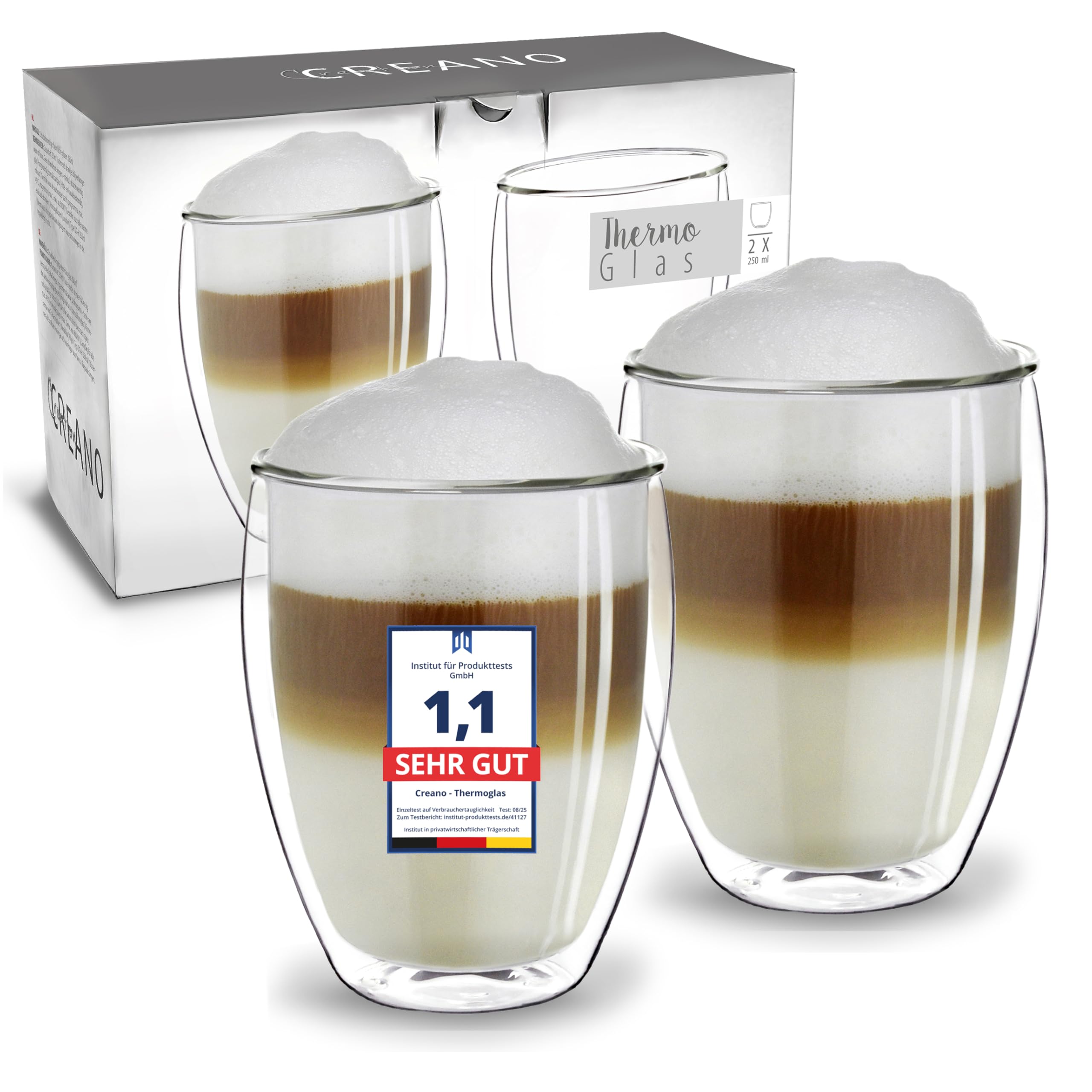 Creano Double Walled Coffee Glasses 250ml - Insulated Cappuccino Cups - Latte Macchiato, Tea - Handmade Heat Resistant Mugs - 2 pcs (Pack of 1)