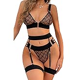 YCAngela Women's Lingerie Sets with Garter Belt Strappy 4 Piece Bra and Panty Sets with Thigh Cuffs Sexy Outfit for Women