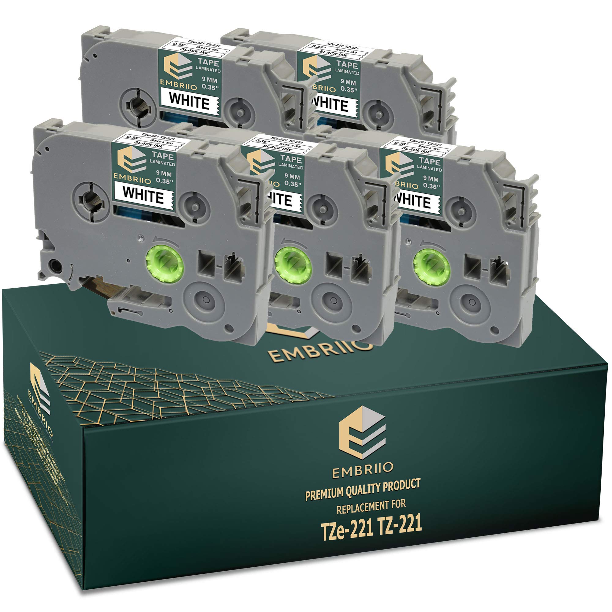 EMBRIIO TZe-221 TZ-221 5 Label Tapes Replacement for Brother P-Touch PT-H110 PT-E550WVP PT-E100 PT-P700 PT-H105 H101C PT-1000 PT-D600VP PT-H100 PT-H100LB | Black on White | 9 mm x 8 m