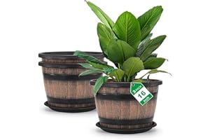 Quarut Large Plastic 3 Pack 16 inch Plant Pots,Whiskey Barrel Planters with Drainage Holes&Saucer.Flower Pots Imitation Wine 