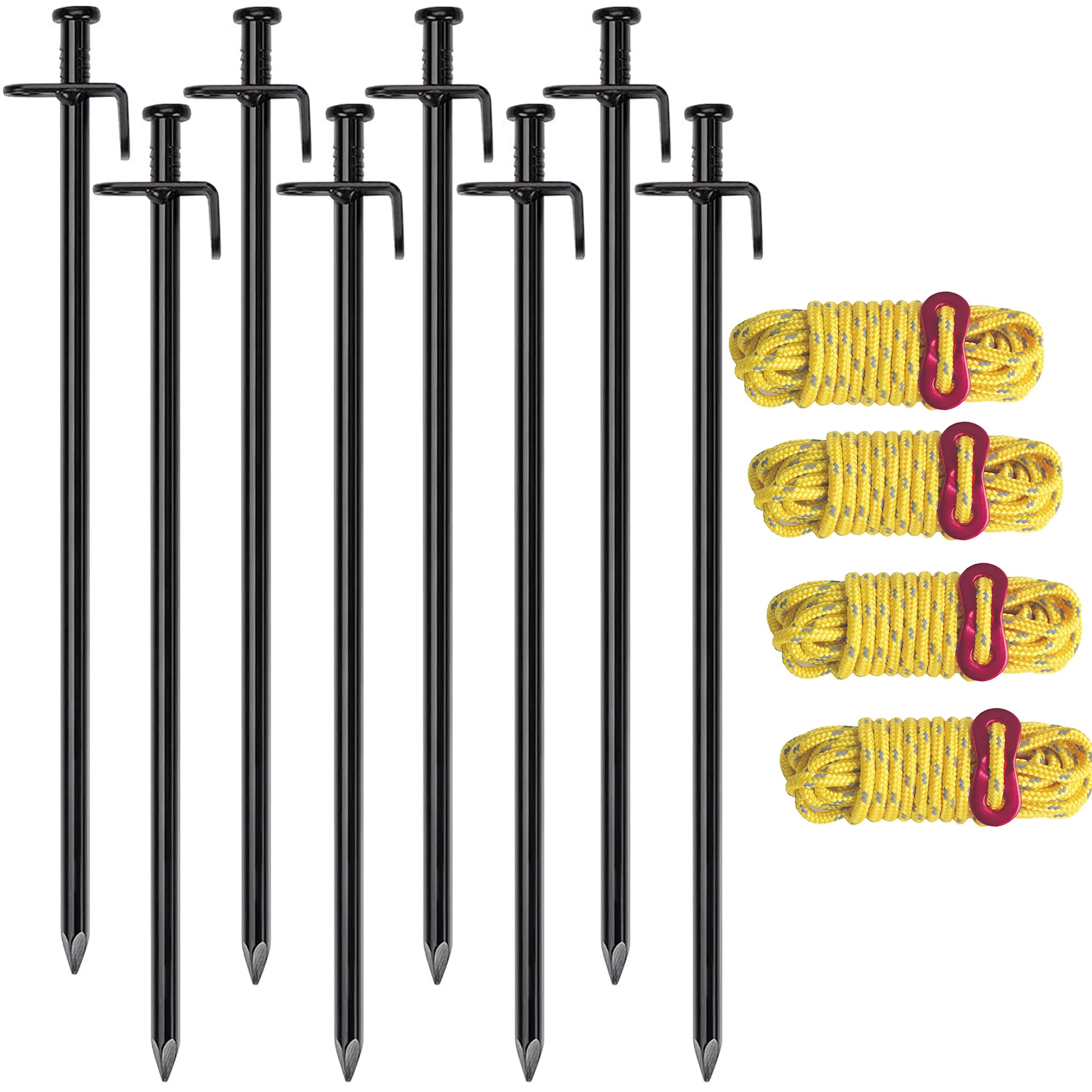 Aoipend 12 inch Heavy Duty Tent Pegs with 4 Ropes 13ft Reflective Guy Lines Kit 8 Pack Metal Ground Anchors for Outdoor Camping Stakes Tarp Canopy Gardening