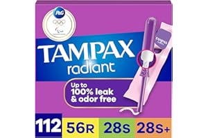 Tampax Radiant Tampons for Women Multipack, with LeakGuard Braid, Regular/Super/Super Plus Absorbency, Unscented, 112 Count (