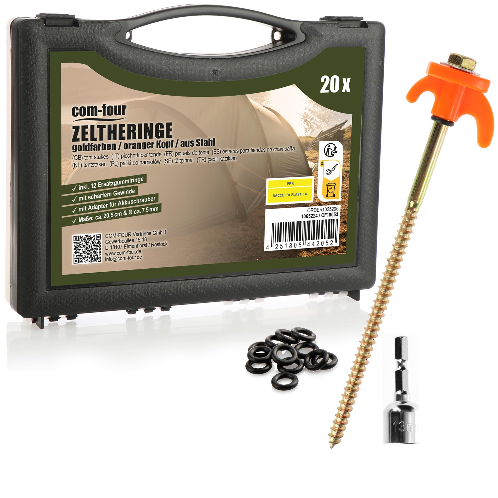 COM-FOUR® 20x tent pegs, robust steel pegs with thread and rope holder, rock ground pegs for camping, box with tent hooks for hard ground and wood