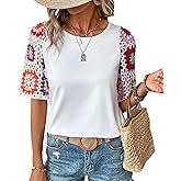 Chvity Crochet Shirts for Women Crewneck Shirt Floral Short Sleeve Casual Pullover Blouse Summer Tops