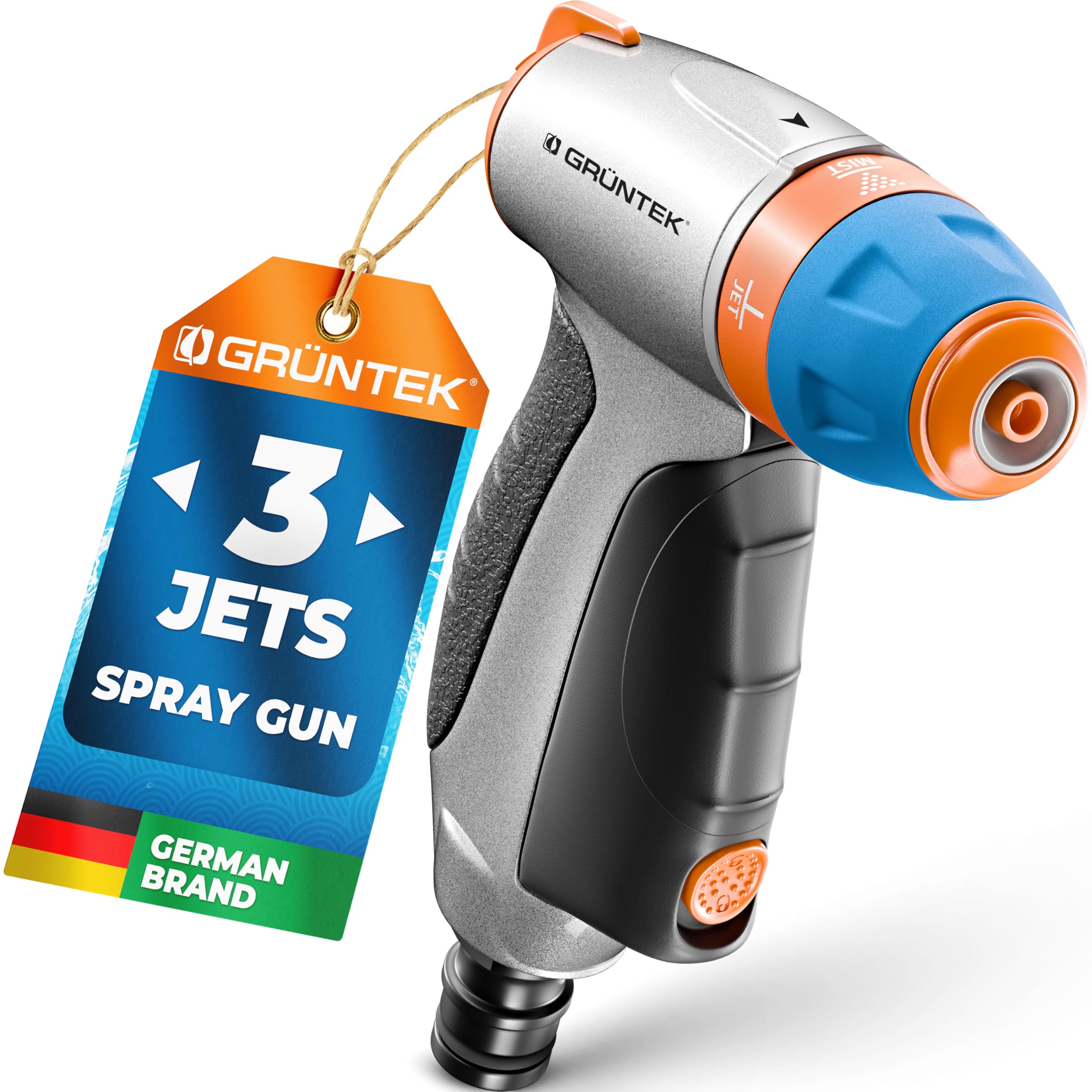 GRÜNTEK Metal Garden Hose Spray Gun – Hosepipe Gun with 3 Patterns (Jet/Mist/Cone) | High Pressure Hose Nozzle with Thumb Flow Control | Garden Hose Sprayer for Car Wash & Watering