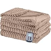 Eydna Electric Heated Blanket Queen Size 84"x90",Dual Controllers & Dual Heating Zones, 1-12 Hs Auto Off & 12 Heating Levels, Soft Striped Flannel for Bed, Machine Washable, Gifts for Family-Camel