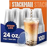 Stack Man [100 Sets - 24 oz.] Clear Plastic Cups with Straw Slot Lid, PET Crystal Clear Disposable 24oz Plastic Cups with lids