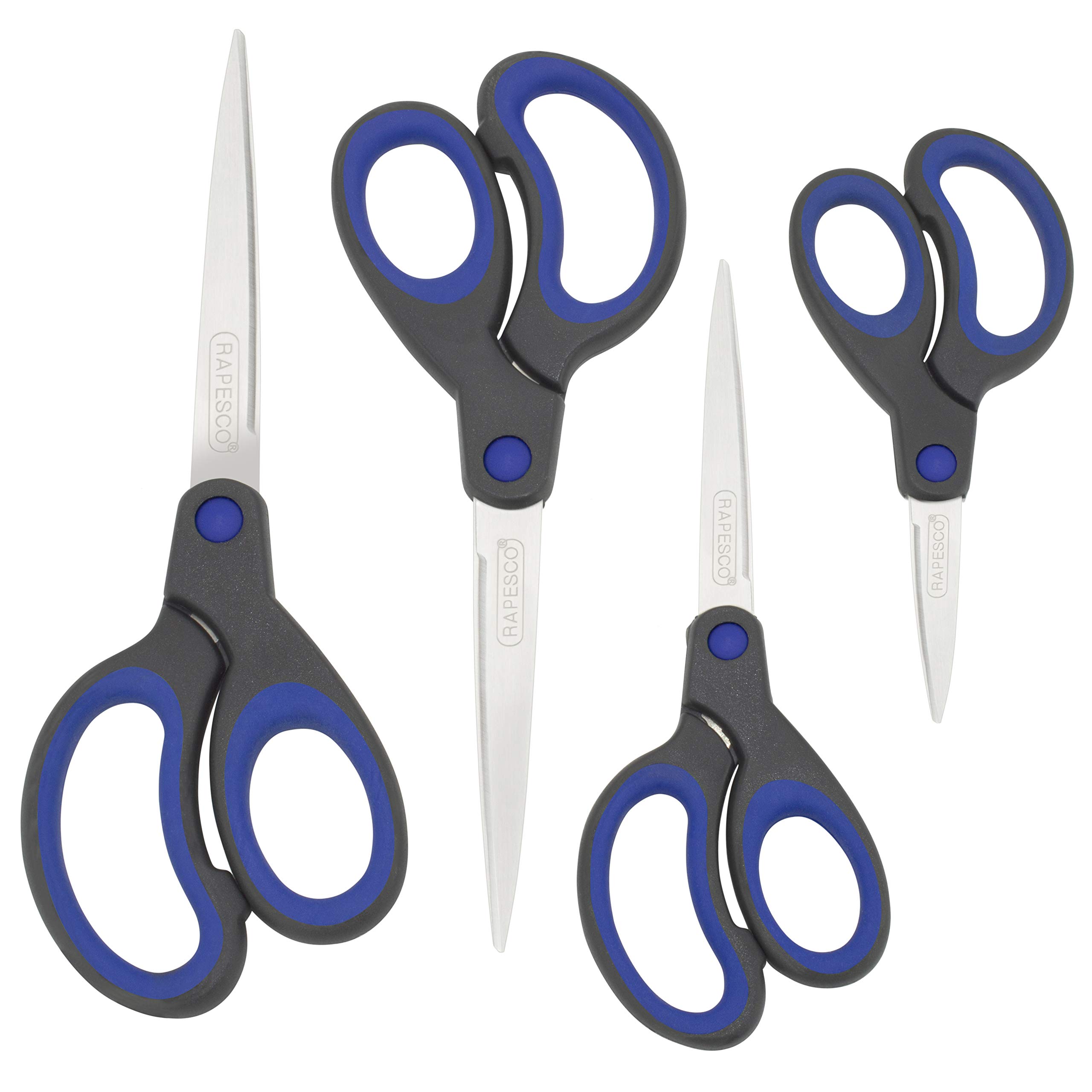 Rapesco 1578 Soft Grip Handle Scissors, Black/Blue, Set of 4