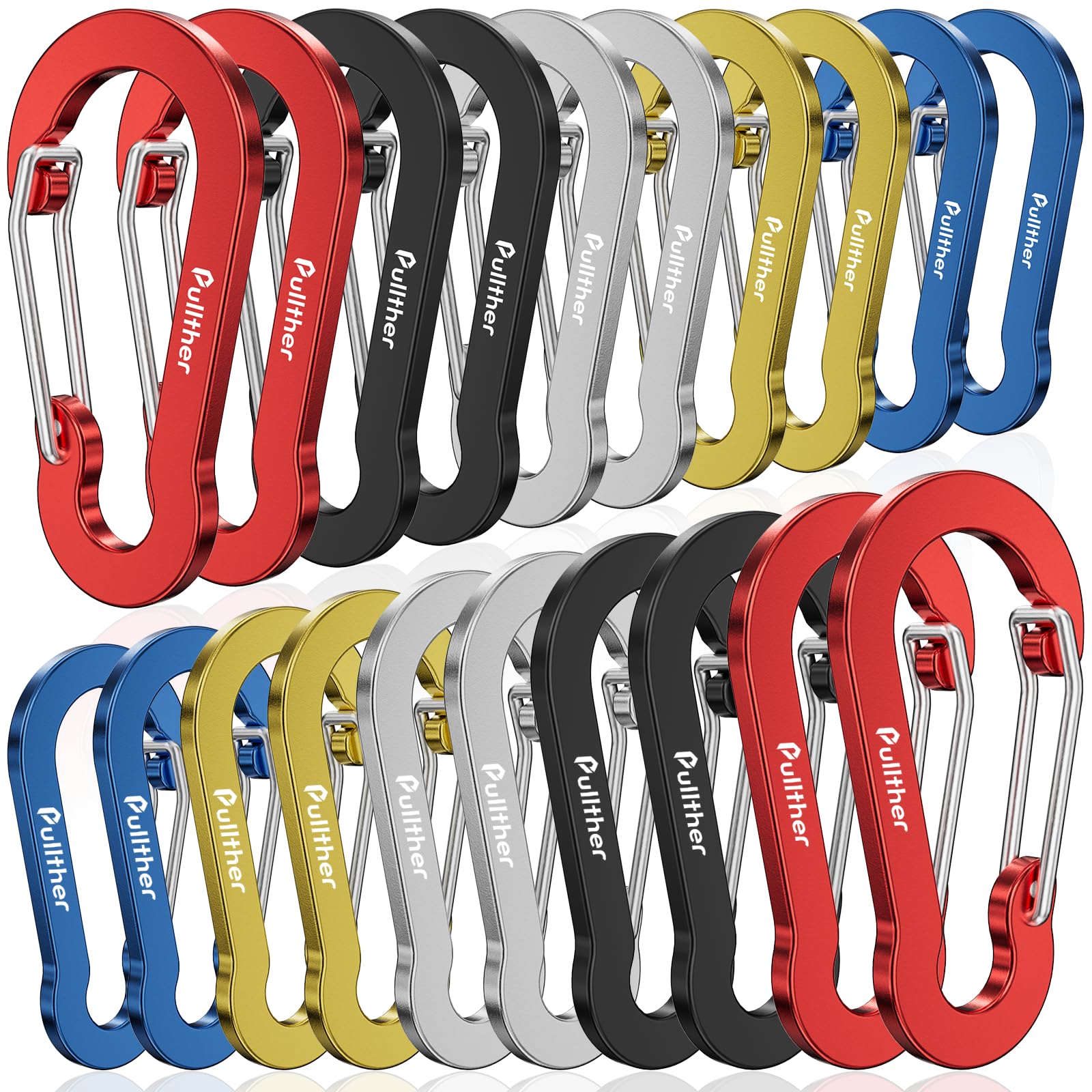 pullther 20 Pcs Multi Carabiner Clips, 50mm/1.96'' Small Carabiner Keyring Clips, Mini Aluminum D-Ring Key Chain Carabiners for Outdoor Sports, Hiking, Camping, Fishing - Multicolor