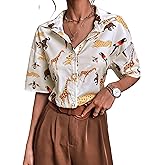 SweatyRocks Women's Short Sleeve Cute Print Button Down Shirt Tops