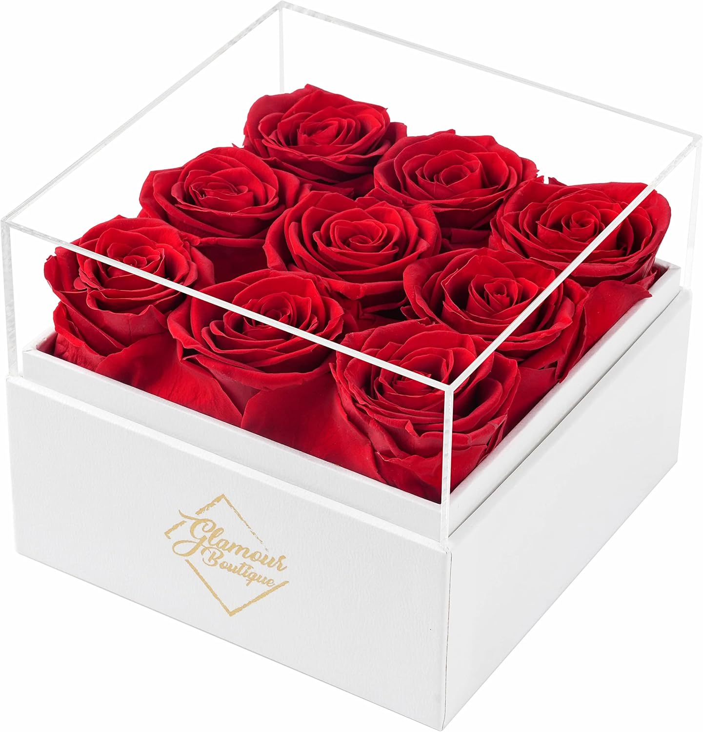 Dried & Preserved Flora - GLAMOUR BOUTIQUE Preserved Roses in a Box - Valentines Day Gifts for Her & Mom, 9-Piece Rose Flowers Decor for Birthday Gift, Cased in White Box with Acrylic Cover, 5.5