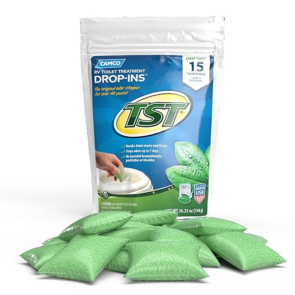 CAMCO TST RV TOILET TREATMENT DROP-INS – CONTROL UNWANTED ODORS AND BREAK DOWN WASTE AND TISSUE – SEPTIC TANK SAFE – FRESH SCENT – 15-PACK (40264)