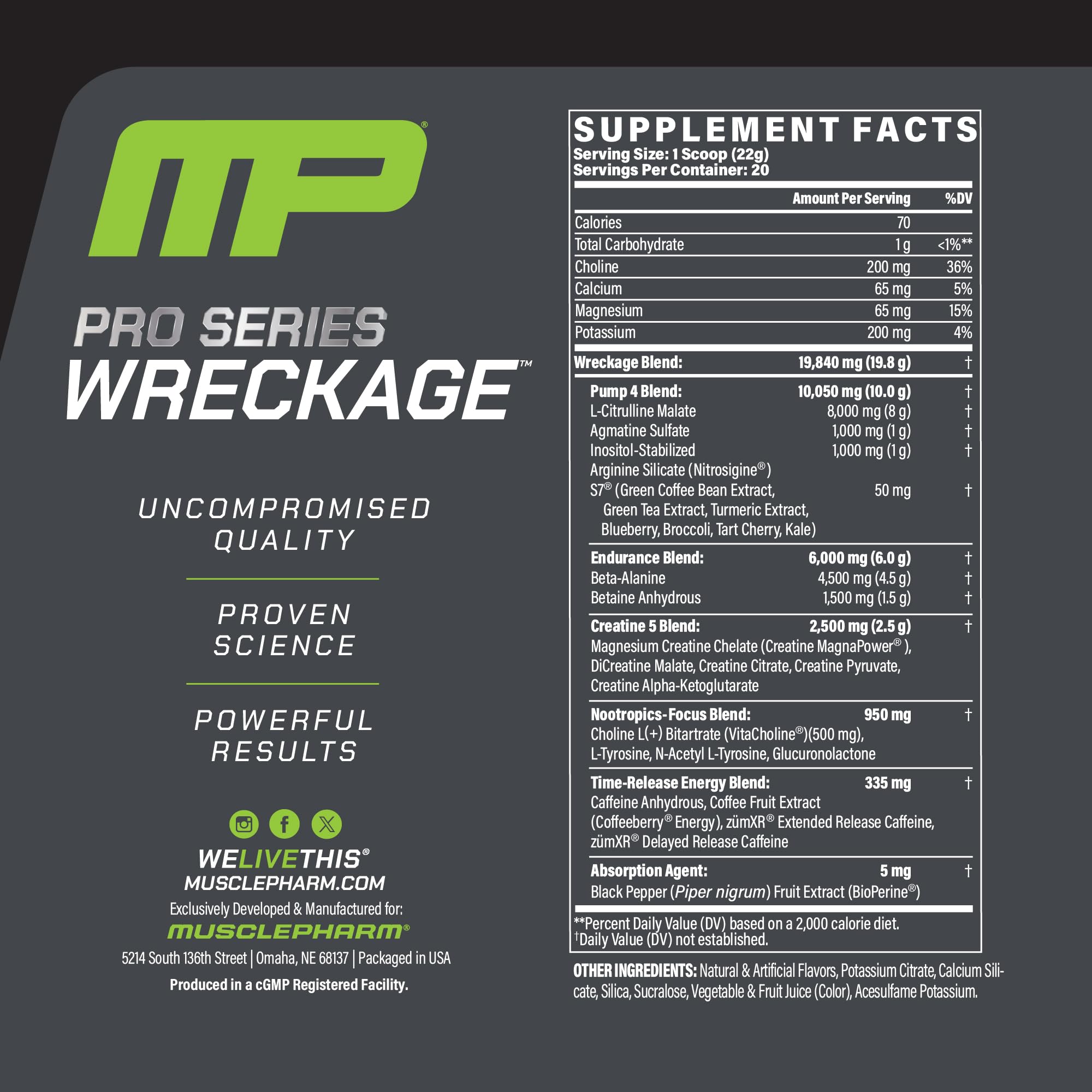 Muscle Pharm Pro Series Wreckage Pre Workout Powder | Professional Grade 8-in-1 Blend for Strength, Pump, Focus & Nitric Oxide Performance | Sour Berry, 15.5 oz, 20 Servings