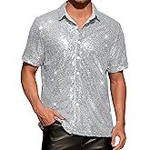 Lars Amadeus Sequin Shirts for Men's Glitter 70s Disco Shirt Button Down Short Sleeve Metallic Tops
