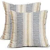 Aytipun Blue Yellow Pillow Covers 18x18 Set of 2 Gray Grey Dot Print Striped Decorative Throw Pillows Outdoor Boho Rustic Pillowcase Farmhouse Linen Cushion Case Decor for Home Sofa Couch Bed