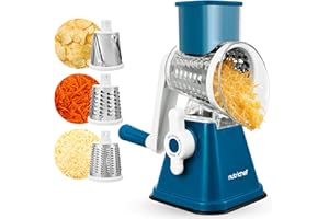 Nutrichef 3 in 1 Cheese Grater & Shredder | Strong Suction Base, Rotary Handle with Safety Lock | Includes Hand Crank & 3 Dru