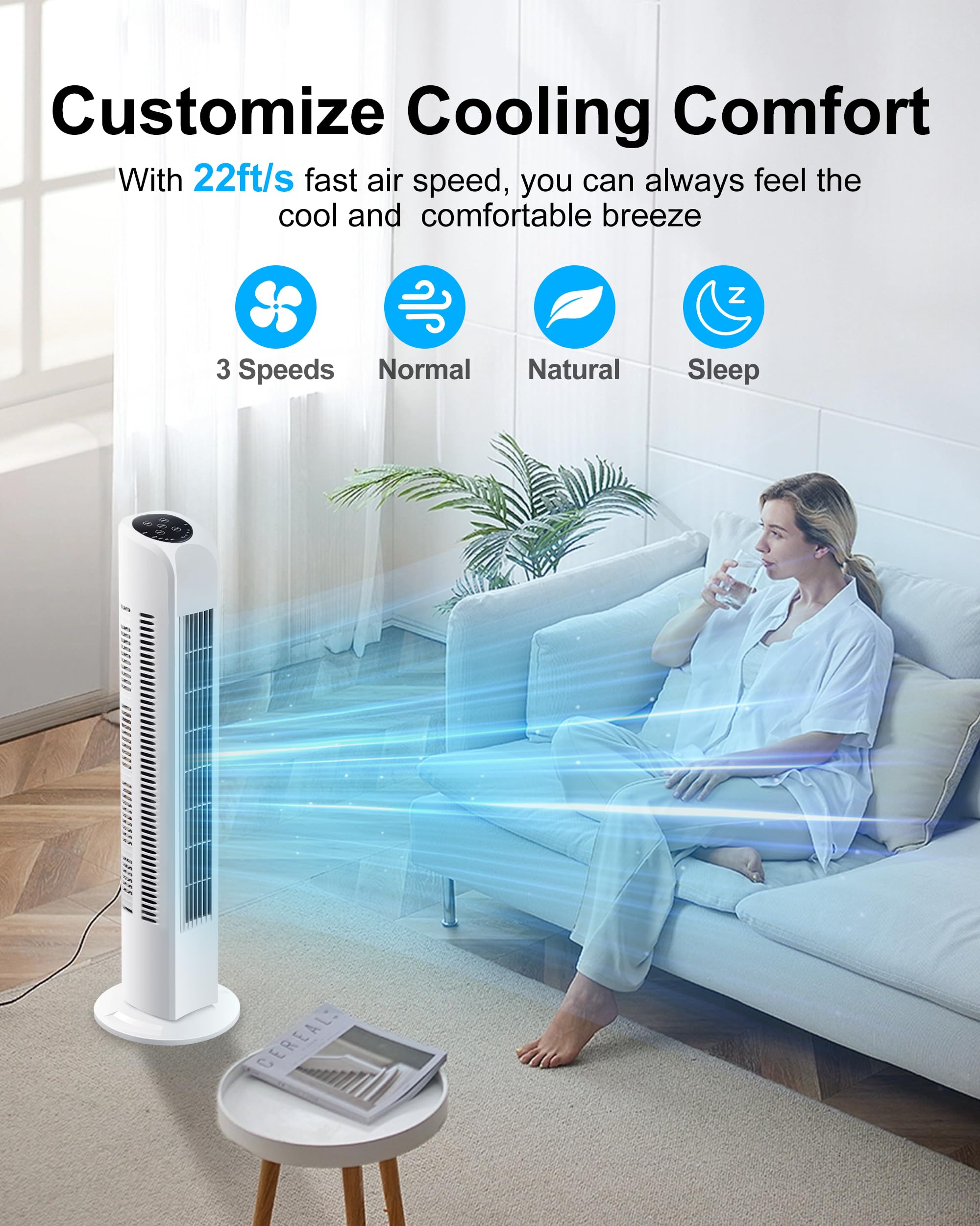 Uthfy Oscillating Bladeless Tower Fan with Remote, Quiet Cooling Portable, Electric Standing Floor Fan with 3 Wind Speeds 3 Modes for Bedroom,Indoor,Office and Home Use, 30