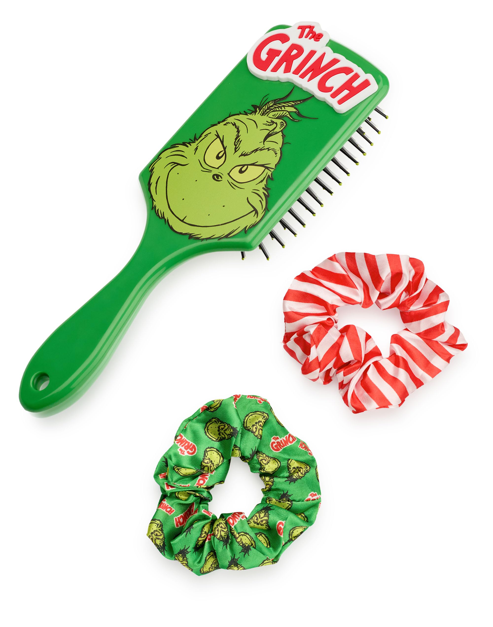The Grinch Women's Hair Brush and Scrunchie Set | Adults All Over Print and Striped Bobble and Paddle Brush with 3D Grinch Character Face in Green | Animated Christmas Movie Merchandise Gift